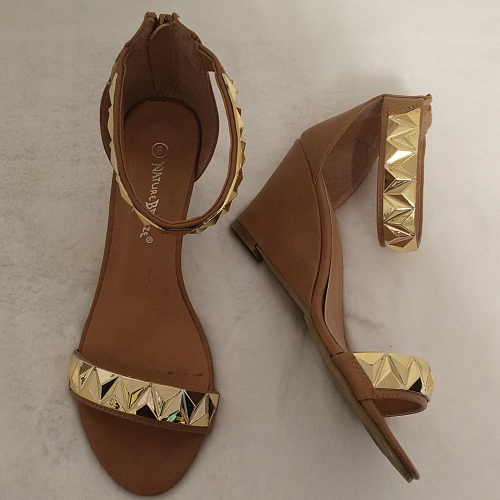 Nature Breeze Gold & Cognac Ankle Wrap Wedge Sandals 8